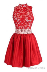 A-Line High Neck Knee Length Satin Homecoming Dress With Lace